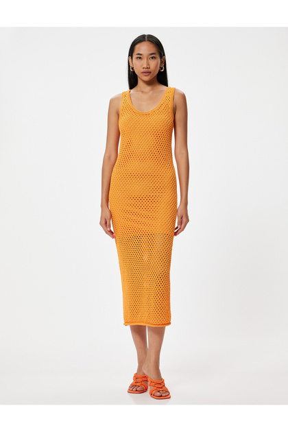 Long Crochet Dress Lined Mesh Sleeveless Round U-Neck Comfortable Fit