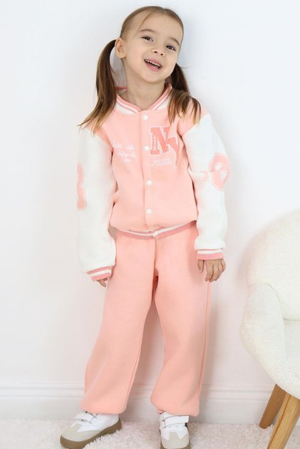 Donino Girl's Tracksuit Set with Text Printed with Snap Fasteners, Ages 2-5, Salmon