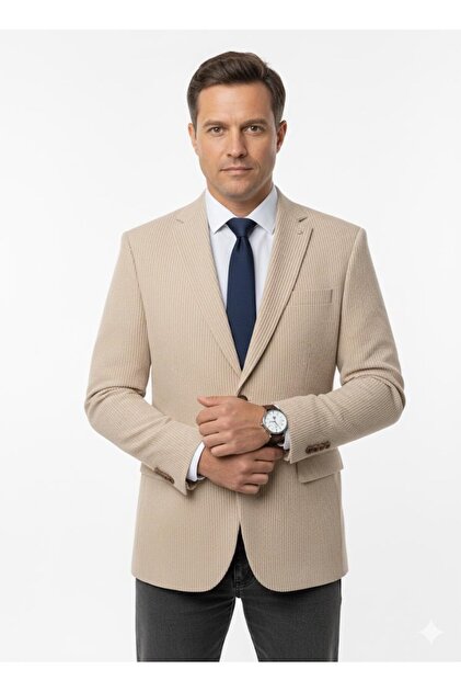 Plus Scorpion Erkek Bej Slim Fit Blazer Ceket – Çizgili Dokulu