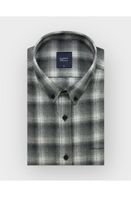 Regular Fit Winter Long Sleeve Button-Up Collar Plaid Grey Shirt 4042g