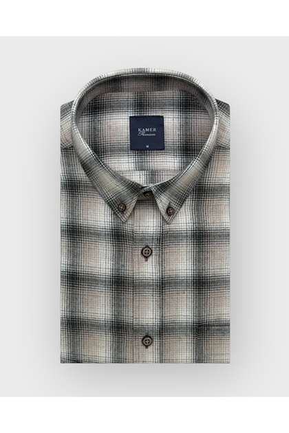 Regular Fit Winter Long Sleeve Buttoned Collar Plaid Beige Shirt 4042E