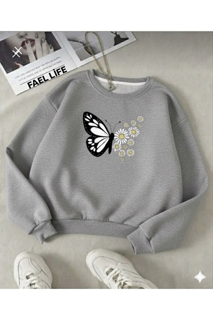 Women/Girls Zero Neck Butterfly Daisy Print Sweatshirt Oversized Cut