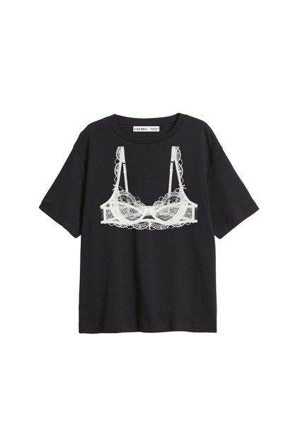 Black Bra Printed Relaxed Fit Black Women's Tshirt