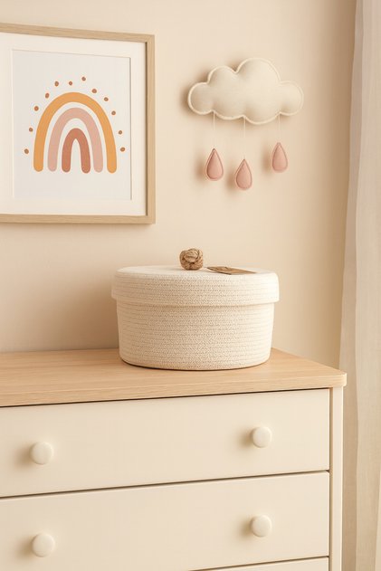 Ecru Lid Basket Bathroom Children's Room Organizer Decorative Basket