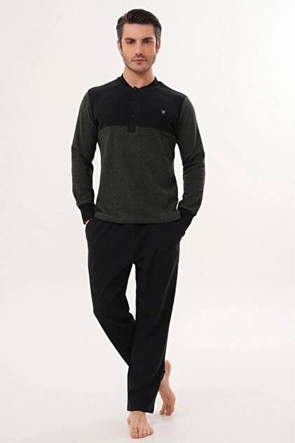 Large Size Thessaloniki Fabric Collar Buttoned Winter Men's Pajama Set 70% Cotton 30% Polyester