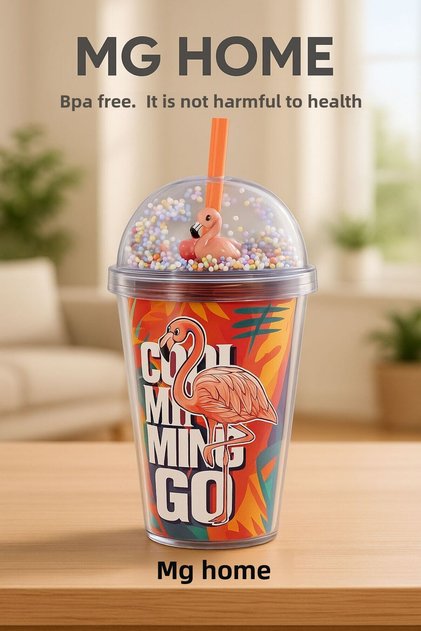Suluk with a Straw 🦩 Flamingo Design Children's Cup 🦩 Colorful Beaded Lid Water Bottle Flask 600 ml