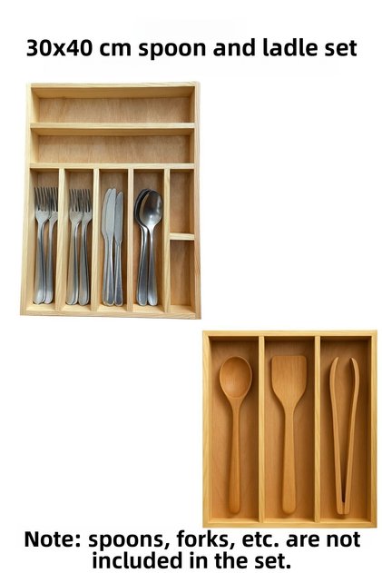 30X40 cm Multi-Compartment Wooden Spoon and Ladle Holder Set - Drawer Organizer - Wooden Organizer