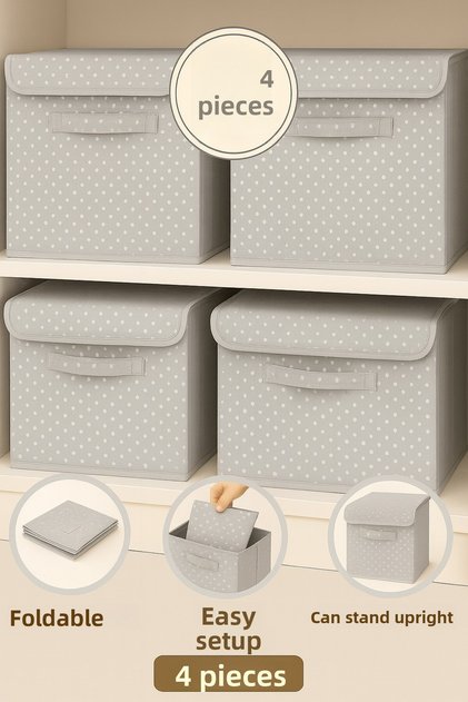 4Pcs-Covered Patterned Closet Laundry Toy Organizer Folding Storage Box with Lid 30X30X30