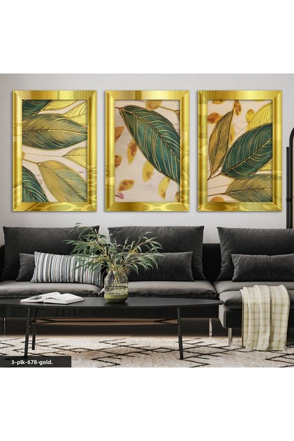 Gold Striped Green Leaf 3 Piece Gold Plexiglass Mirrored Table