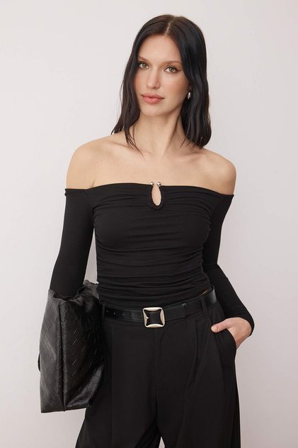 Siyah Fitted/Vücuda Oturan Aksesuar Detaylı Esnek Örme Bluz TWOAW26BZ00356