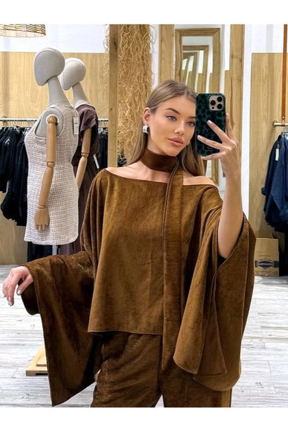 Women's Chenille Velvet Flowy Blouse with Scarf Detail - Tan Color