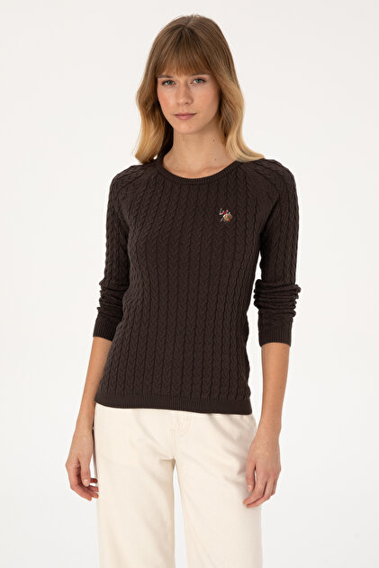 Women's Dark Brown Crew Neck Basic Sweater 50307728-Vr084