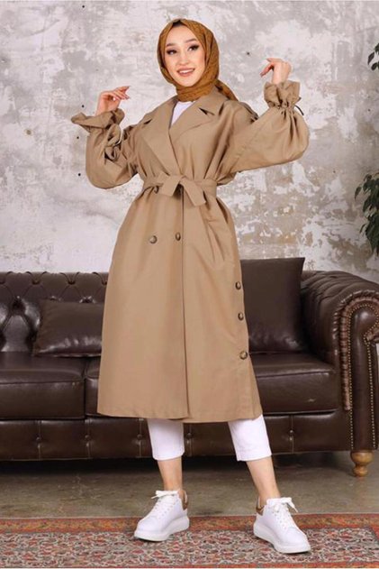 KADIN KAHVE (CAMEL) KUŞAKLI DÜĞME DETAYLI TRENÇKOT T 36007