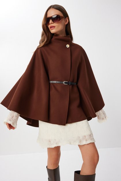 Belted Buttoned Cashmere Poncho Lgp0026 Brown