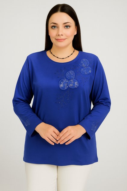 Relaxed Cut Round Neck Sleeve Embroidered Mother Women's Combed Cotton Blouse
