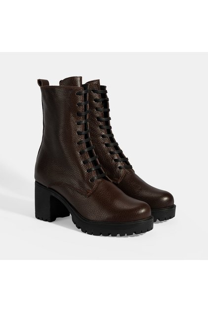 Women's Brown Lace-Up Thick Heeled Leather Boots