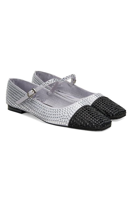 Women's Silver Shiny Stone Detailed Mary Jane Ballerinas