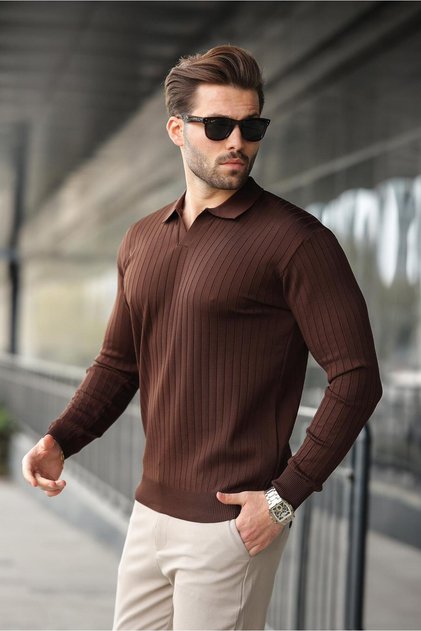 Kahverengi Polo Yaka Çizgili Uzun Kollu Kazak 7239