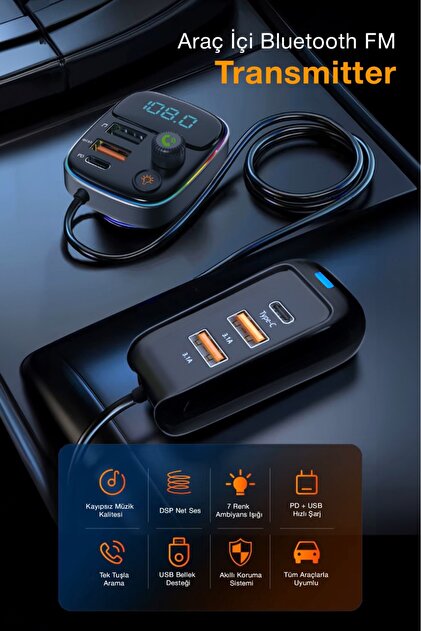 PD 30W Hızlı Şarj & RGB LED Işıklı Araç FM Transmitter | 6 Multi-Port | 5V 3.1A USB | 1M Kablolu