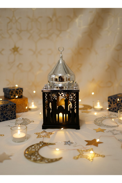 فانوس رمضان إسلامي أسود مع مبخرة فضية