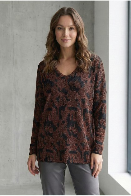 Women's Silvery Copper-black Patterned V-neck Knitwear Sweater