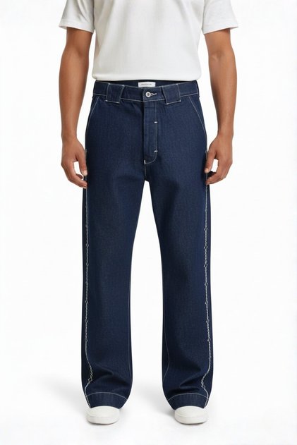 Men's Navy Blue Regular Fit Embroidered Design Jean Denim Trousers