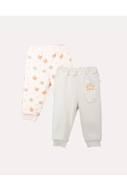 2'li %100 Organik Pamuk GOTS Cepli Teddy Desenli Bebek Pantolon - Mint & Ekru
