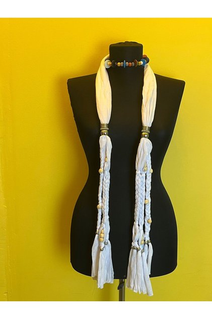 1.90 cm Beaded Combed Cotton Women's Scarf Necklace Black