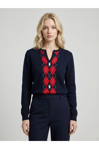 Women's Baklava Patterned Navy Blue V-Neck Stylish Knitwear Sweater