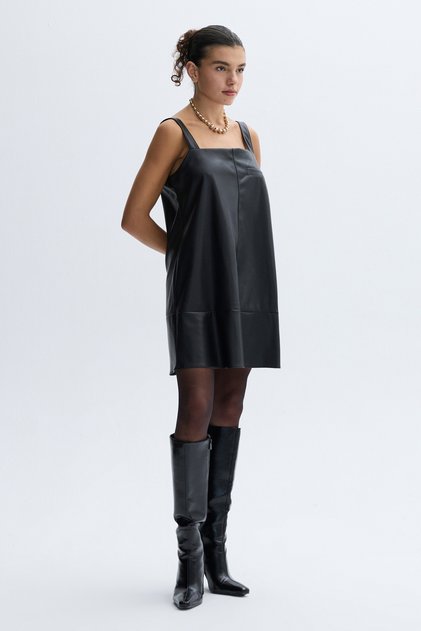 Women's Black Leather Look Strappy Mini Dress