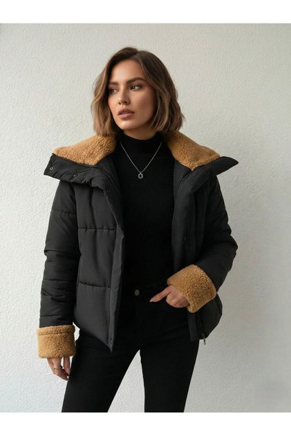 Women's Puffer Coat with Fur Detail on the Collar and Sleeves