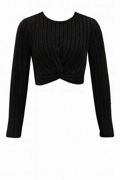Black Round Neck Long Sleeve Front Twisted Lycra Blouse with Crew Neck Twist Lycra Black Blouse Top