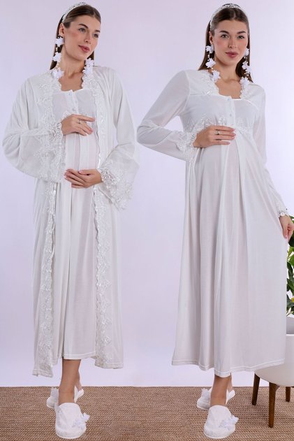 Women's Ecru Maternity Nightgown and Dressing Gown Set