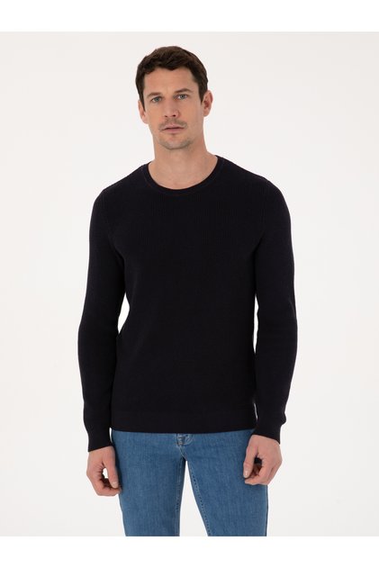 Navy Blue Slim Fit Cotton Blend Crew Neck Knitwear Sweater 50318983-Vr033