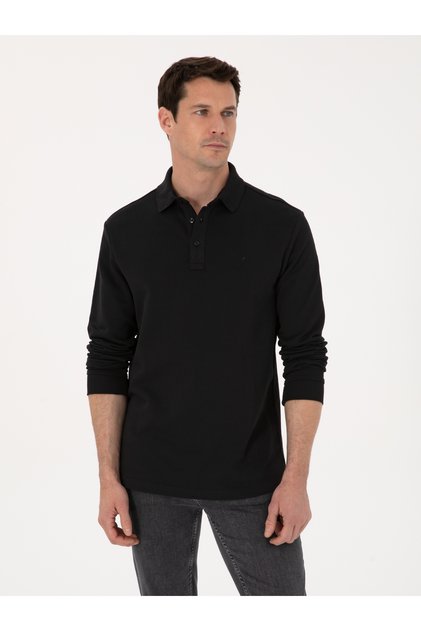 Black Regular Fit 100% Cotton 3 Thread Polo Neck Sweatshirt 50318960-Vr046