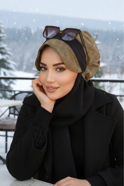 Hardal Siyah Kare Desen Tesettür Şapka