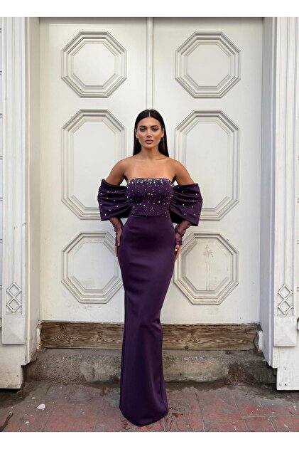 Modafeminen Flexible Scuba Fabric Strapless Flowy Sleeve Stone and Tulle  Detailed Evening Dress 583336 Purple- Trendyol