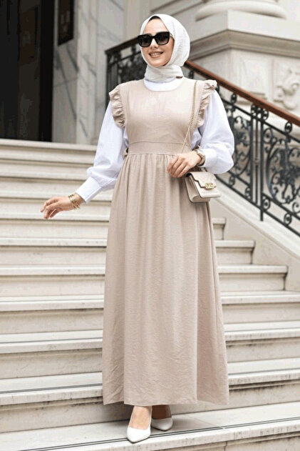 N.S NEVA STYLE Ruffle Detailed Dark Beige Hijab Gilet Dress 17051Kbej- Trendyol N.S NEVA STYLE Ruffle Detailed Dark Beige Hijab Gilet Dress 17051Kbej- Trendyol