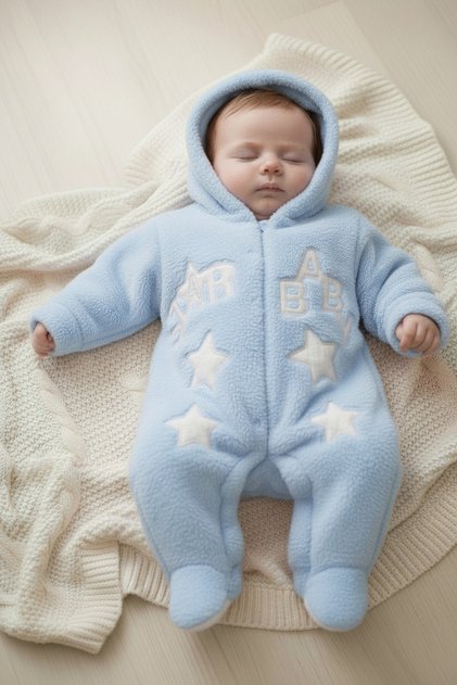 bebek tulum kışlık welsoft kumaş nakış desenli şapkalı çıtçıtlı