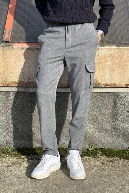 Men's Trousers with Waist Tie, Cargo Pockets, Regular Fit, Polyviscon Fabric 24Inp242
