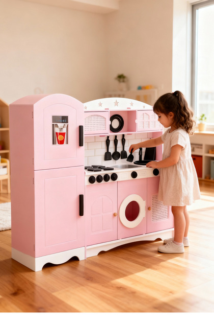 hedefixtoys Premium Pembe Ahşap Oyuncak Mutfak – Buzdolaplı, El