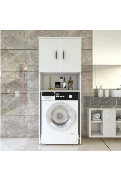 Renazzo Çamaşır Makinesi Dolabı 2 Kapaklı 2 Raflı Banyo Dolabı Beyaz