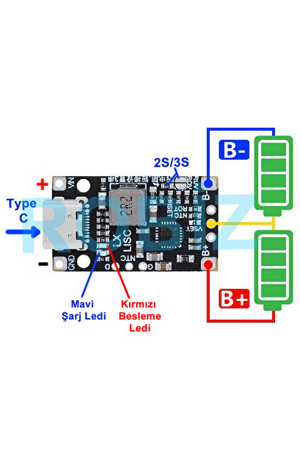 ROBİZ 2S IP2326 Lityum Pil Şarj Devresi 1.5A 15W 3S Li-ion Type-C