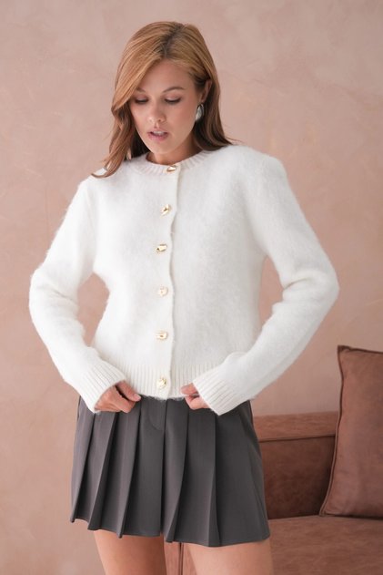 Women's Crew Neck Button Detailed Soft Textured Fleece-Lined Knitwear Jacket