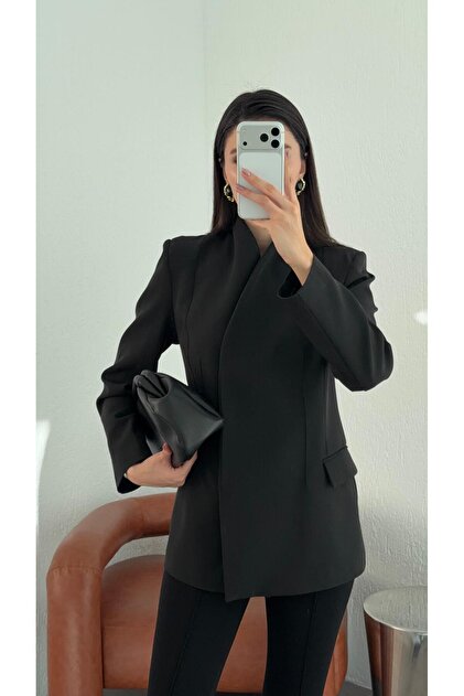 Double-Breasted Black Jacket with Hidden Buttons