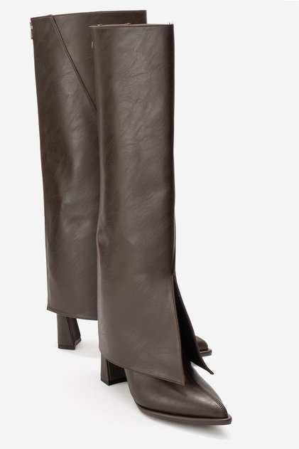 Aja Brown Skin Women's Thick Heeled Boots Can Be Used as Boots