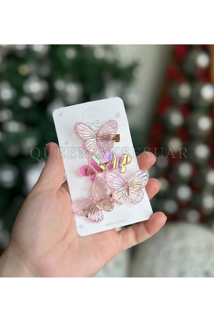 3-Piece Hologram Shiny Butterfly Hair Clip Set with Transparent Pink
