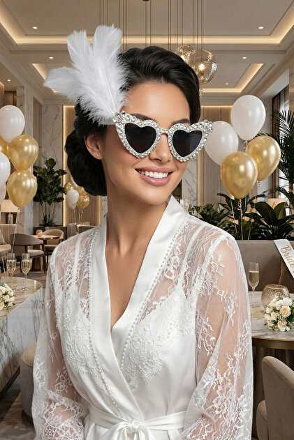 Beyaz Janjanlı Taşlı Kalpli Gelin Gözlük, Bride Gözlük, Gözlük, After Parti Gözlüğü, Eğlence Gözlüğü