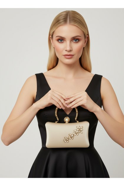 Ten Gold Pearl and Crystal Embroidered Glitter Satin Evening Dress Bag Wedding Engagement Graduation