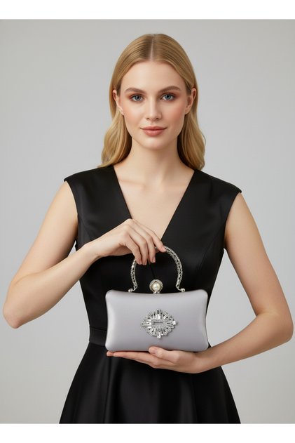 Silver Grey Pearl and Crystal Embroidered Glitter Satin Evening Dress Bag Wedding Engagement Graduation